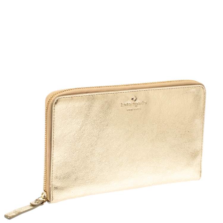 Pre Owned Kate Spade Metallic Gold Leather Oversized Zip Around Wallet