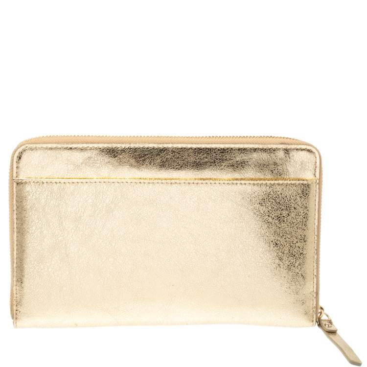 Pre Owned Kate Spade Metallic Gold Leather Oversized Zip Around Wallet