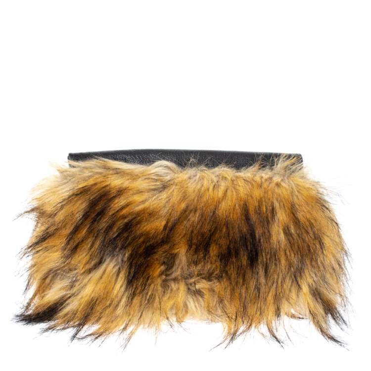 Pre Owned Kate Spade Black/Brown Faux Fox and Leather Belles Clutch