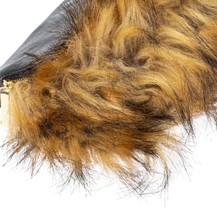 Pre Owned Kate Spade Black/Brown Faux Fox and Leather Belles Clutch
