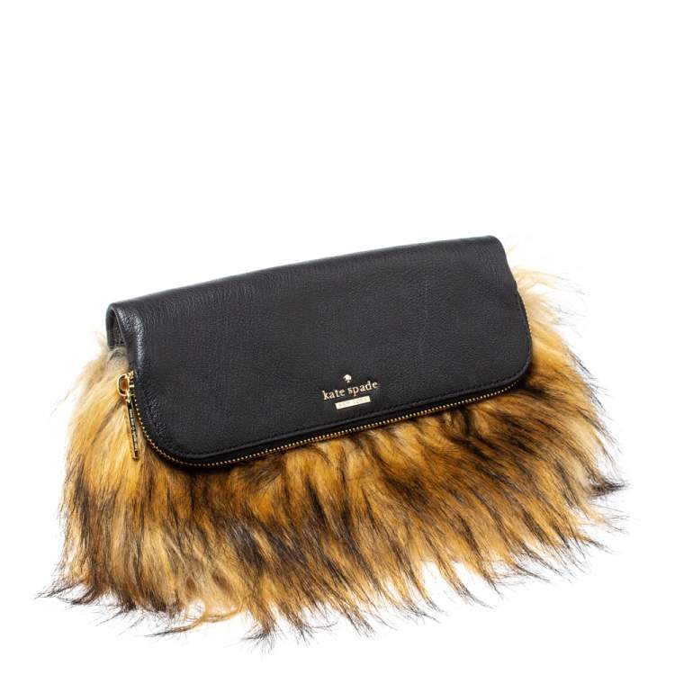 Pre Owned Kate Spade Black/Brown Faux Fox and Leather Belles Clutch