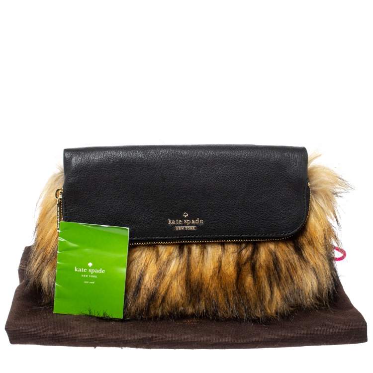 Pre Owned Kate Spade Black/Brown Faux Fox and Leather Belles Clutch