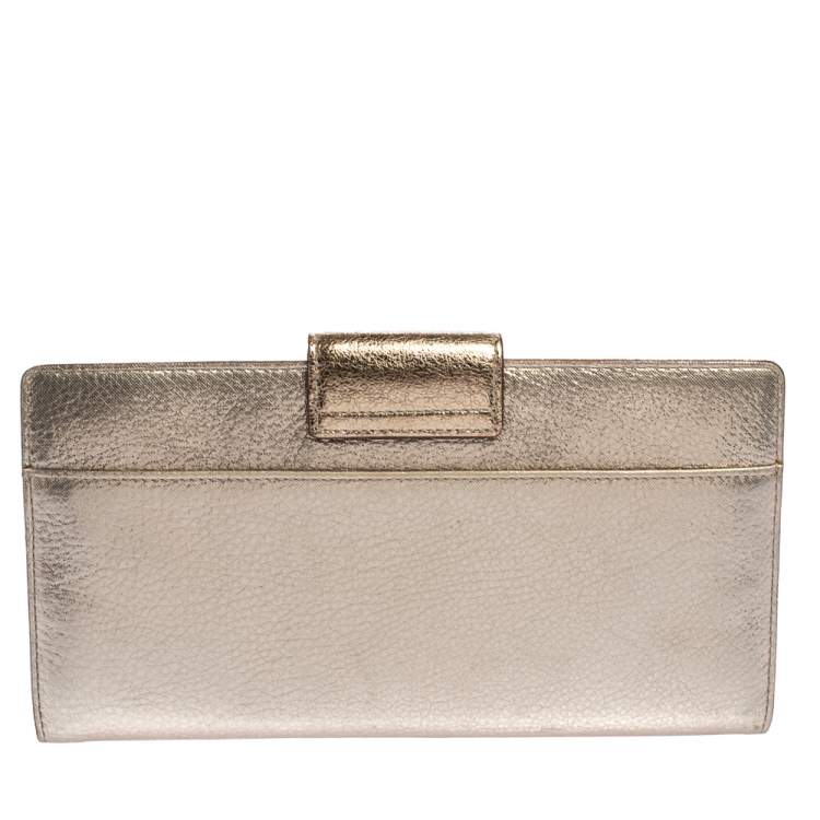 Pre Owned Kate Spade Gold Shimmer Leather Flap Clutch