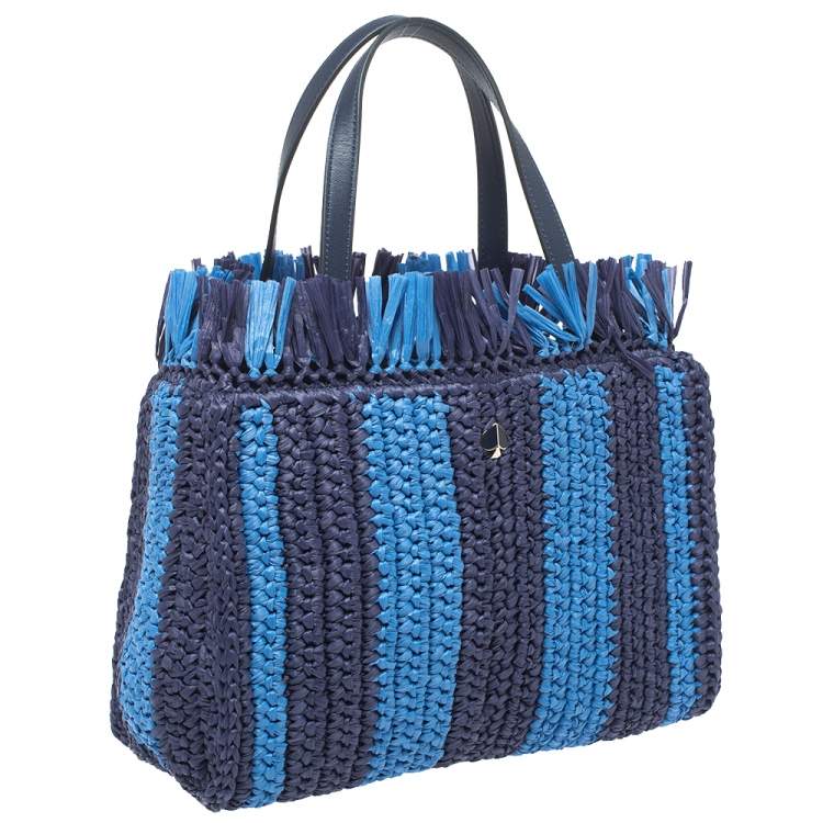 Pre Owned Kate Spade Two Tone Blue Sam Stripe Straw and Leather Medium Tote