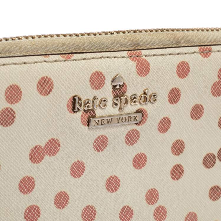 Pre Owned Kate Spade White/Red Polka Dots Zip Around Wallet