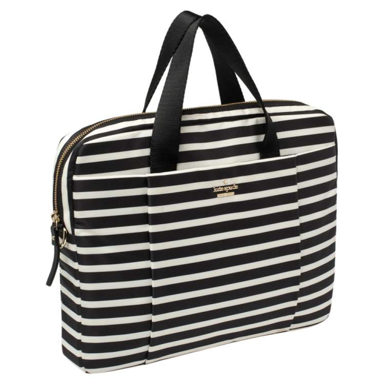 Pre Owned Kate Spade Black/White Striped Satin Classic 13 Inches Laptop Bag