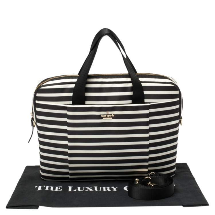 Pre Owned Kate Spade Black/White Striped Satin Classic 13 Inches Laptop Bag