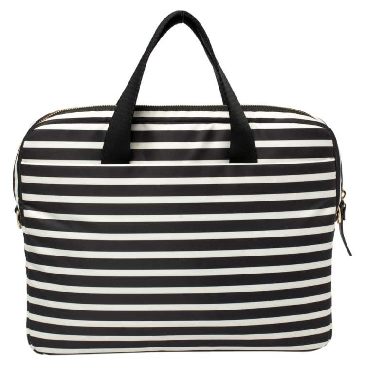 Pre Owned Kate Spade Black/White Striped Satin Classic 13 Inches Laptop Bag