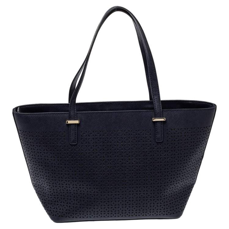 Pre Owned Tory Burch Navy Blue Perforated Leather Mini Cedar Street Harmony Tote