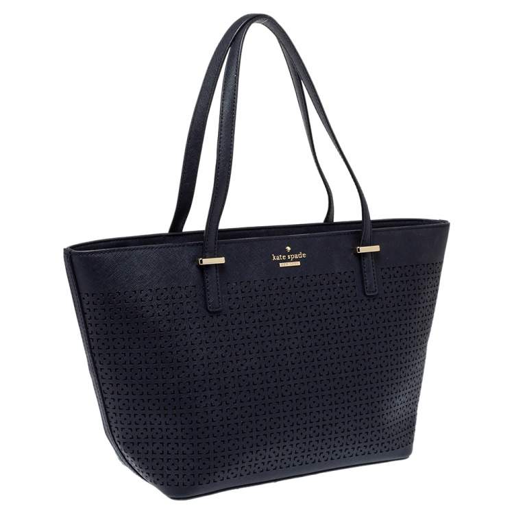 Pre Owned Tory Burch Navy Blue Perforated Leather Mini Cedar Street Harmony Tote