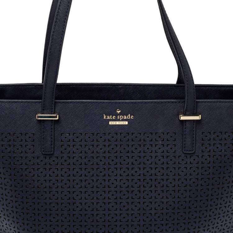 Pre Owned Tory Burch Navy Blue Perforated Leather Mini Cedar Street Harmony Tote