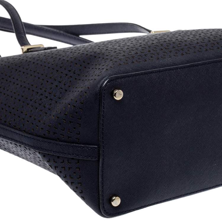 Pre Owned Tory Burch Navy Blue Perforated Leather Mini Cedar Street Harmony Tote