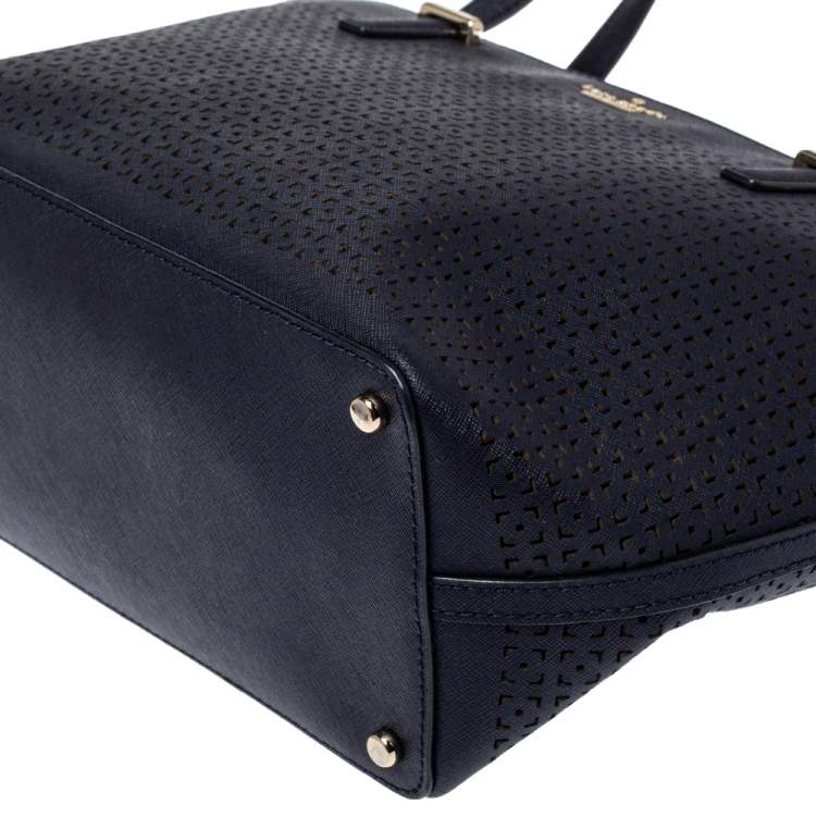 Pre Owned Tory Burch Navy Blue Perforated Leather Mini Cedar Street Harmony Tote