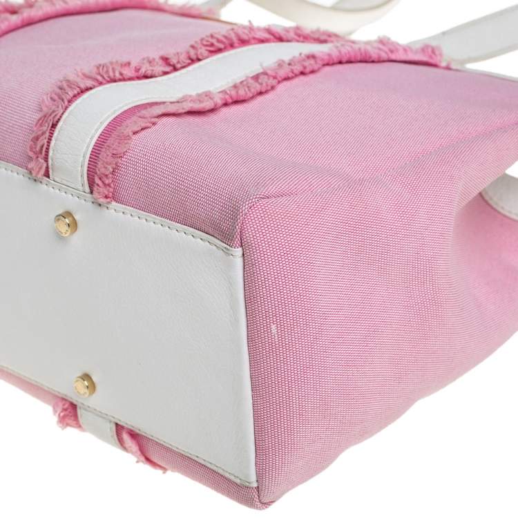 Pre Owned Kate Spade Pink/White Canvas and Leather Metal Plate Tote