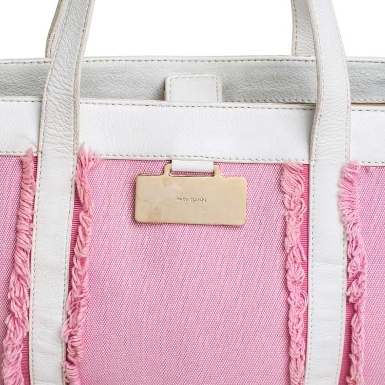 Pre Owned Kate Spade Pink/White Canvas and Leather Metal Plate Tote