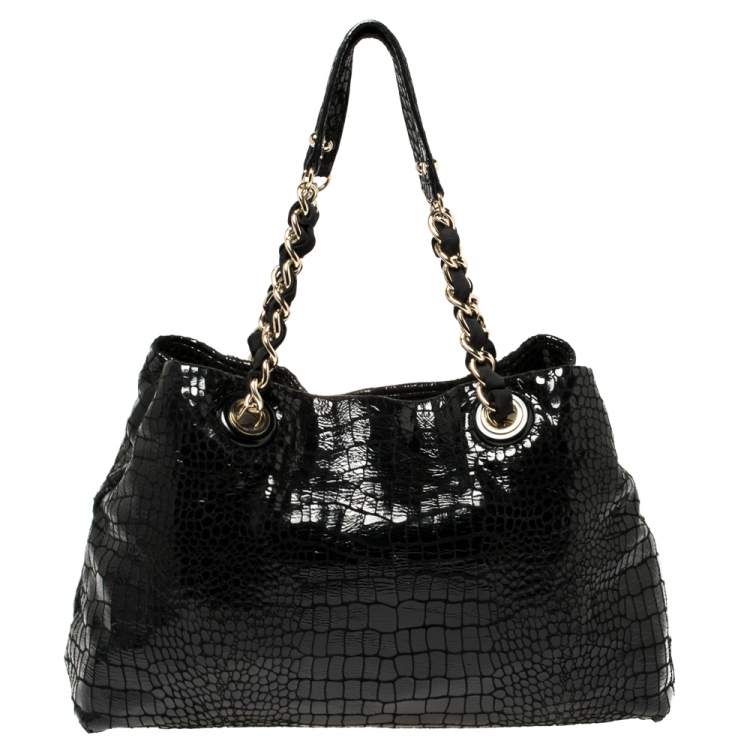 Pre Owned Kate Spade Black Croc Embossed Patent Leather Tote