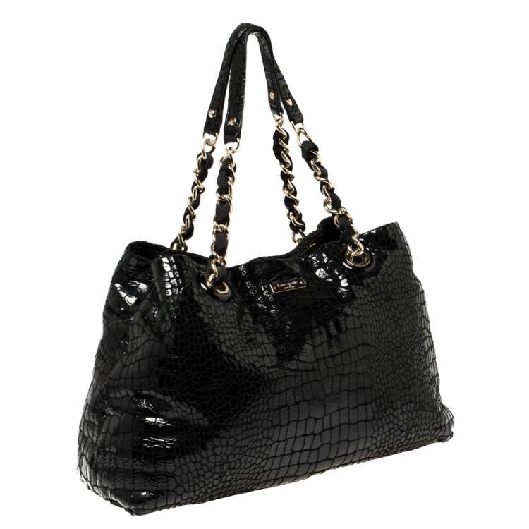 Pre Owned Kate Spade Black Croc Embossed Patent Leather Tote