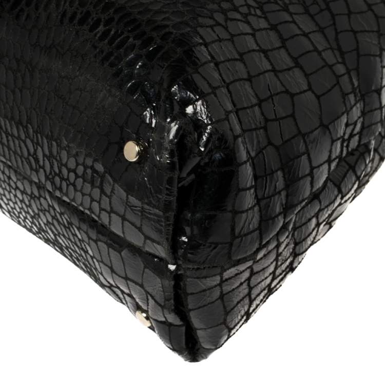Pre Owned Kate Spade Black Croc Embossed Patent Leather Tote