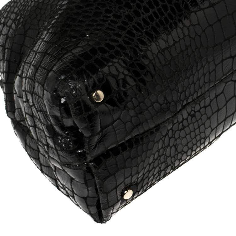 Pre Owned Kate Spade Black Croc Embossed Patent Leather Tote