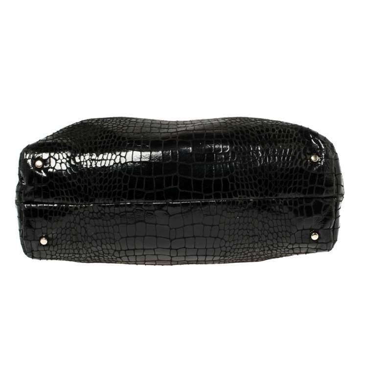 Pre Owned Kate Spade Black Croc Embossed Patent Leather Tote