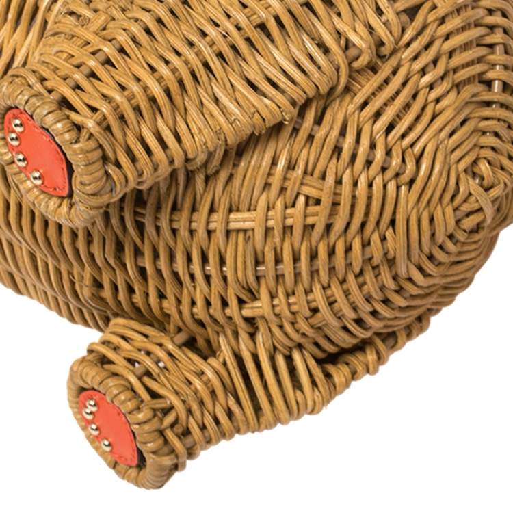 Pre Owned Kate Spade Orange/Beige Rattan and Leather Large Tiny Elephant Wicker Shoulder Bag 