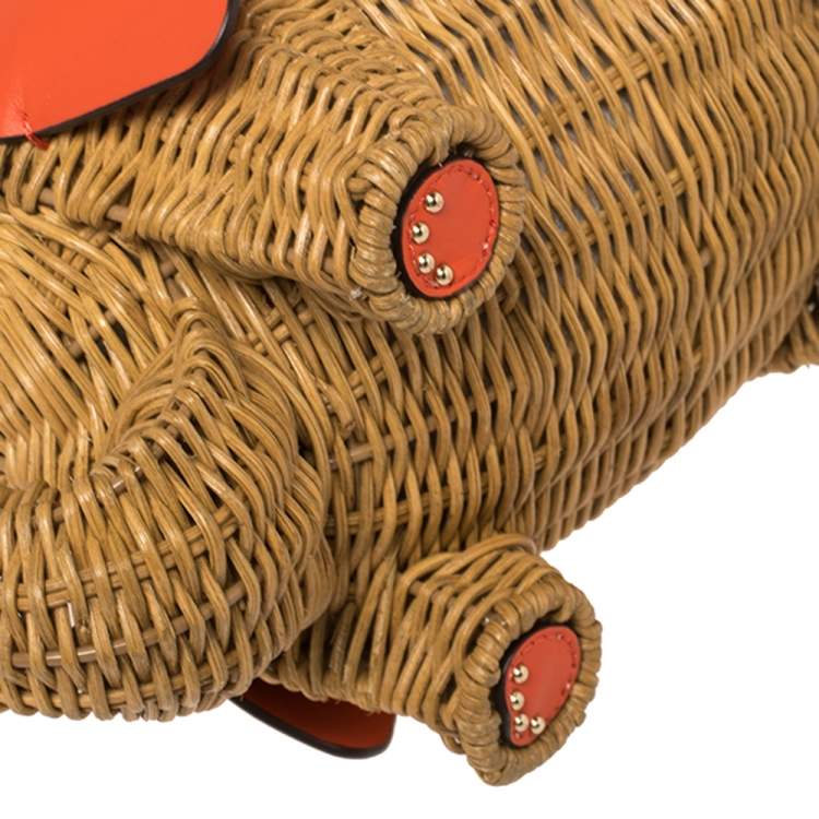 Pre Owned Kate Spade Orange/Beige Rattan and Leather Large Tiny Elephant Wicker Shoulder Bag 