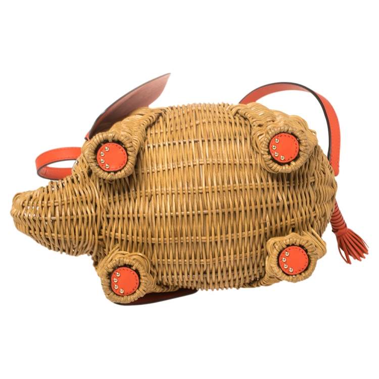 Pre Owned Kate Spade Orange/Beige Rattan and Leather Large Tiny Elephant Wicker Shoulder Bag 