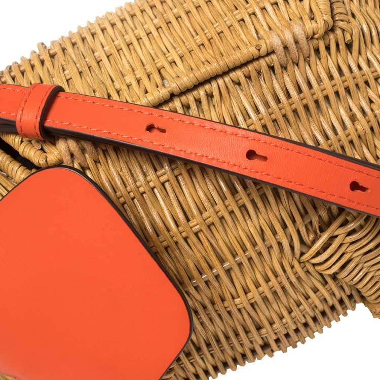 Pre Owned Kate Spade Orange/Beige Rattan and Leather Large Tiny Elephant Wicker Shoulder Bag 