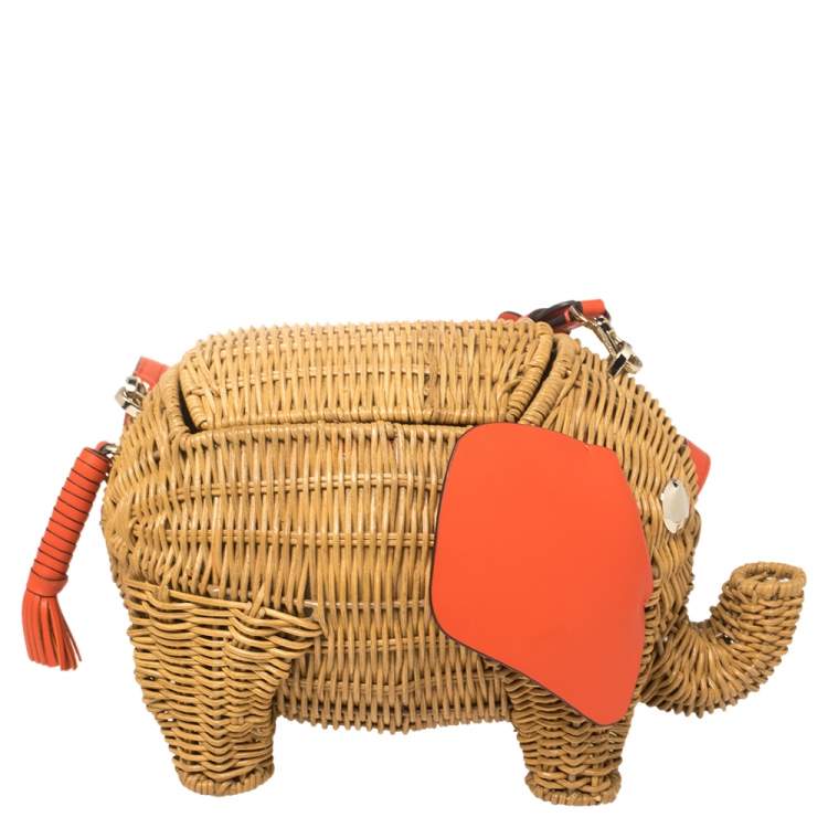Pre Owned Kate Spade Orange/Beige Rattan and Leather Large Tiny Elephant Wicker Shoulder Bag 
