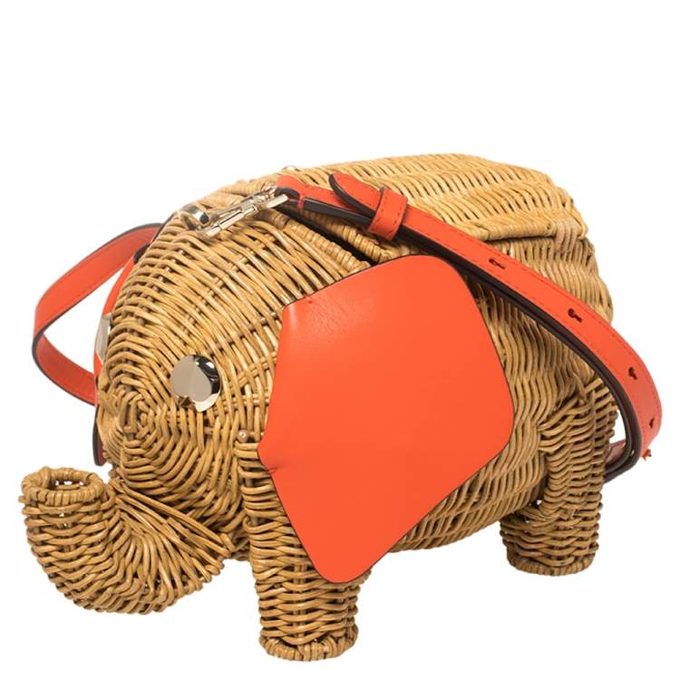 Pre Owned Kate Spade Orange/Beige Rattan and Leather Large Tiny Elephant Wicker Shoulder Bag 
