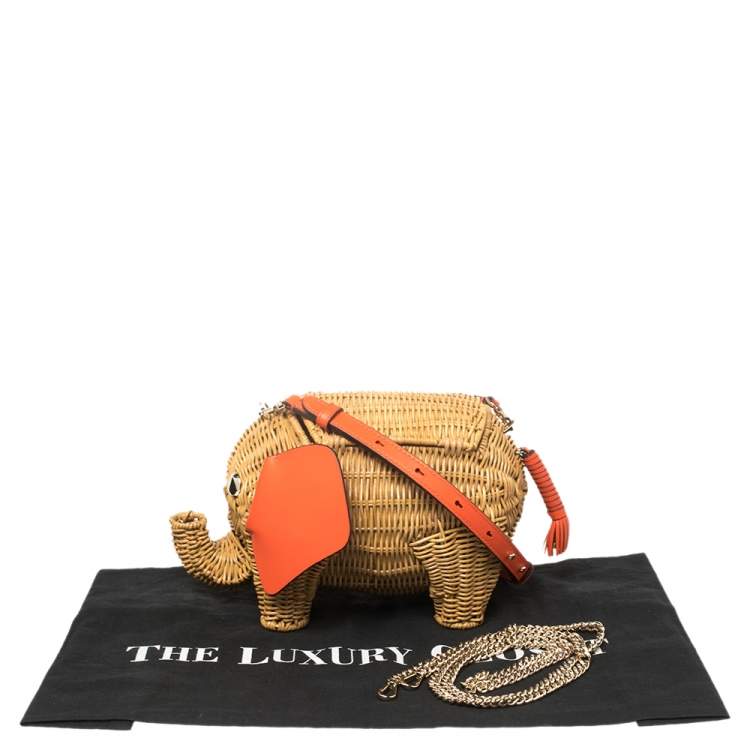 Pre Owned Kate Spade Orange/Beige Rattan and Leather Large Tiny Elephant Wicker Shoulder Bag 