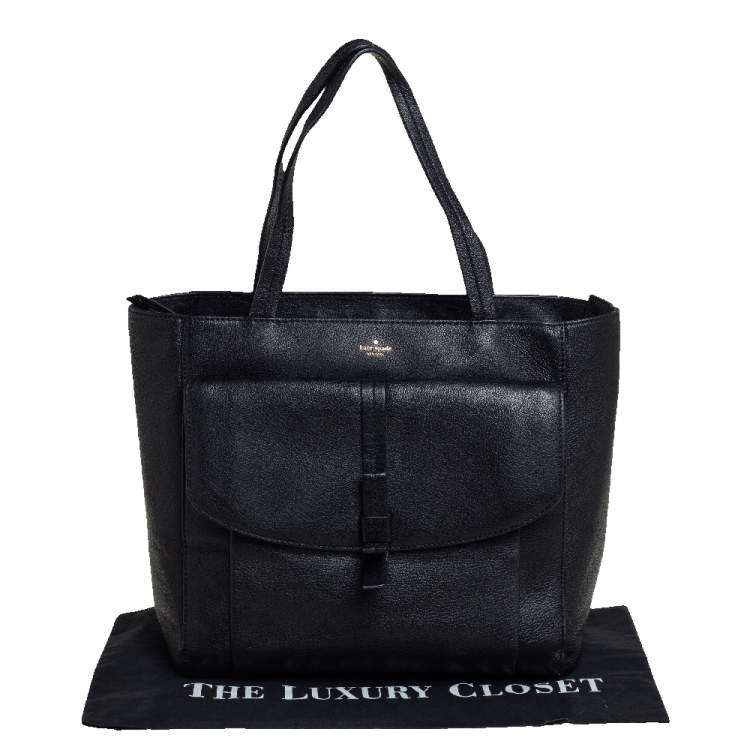 Pre Owned Kate Spade Black Leather Front Flap Pocket Bow Tote