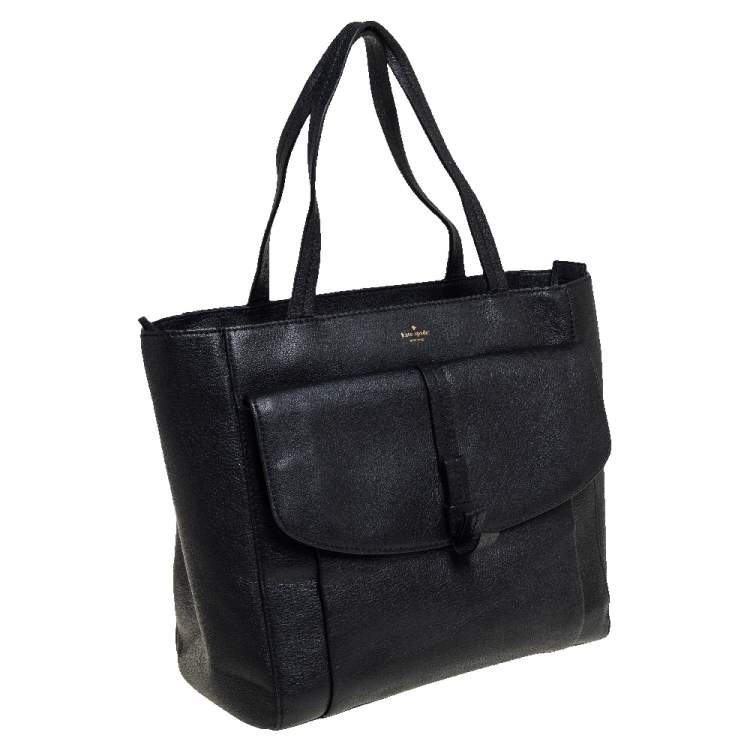 Pre Owned Kate Spade Black Leather Front Flap Pocket Bow Tote