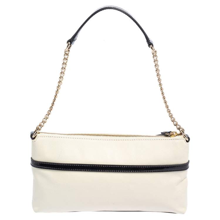Pre Owned Kate Spade Black/Cream Leather and Patent Leather Bow Chain Baguette