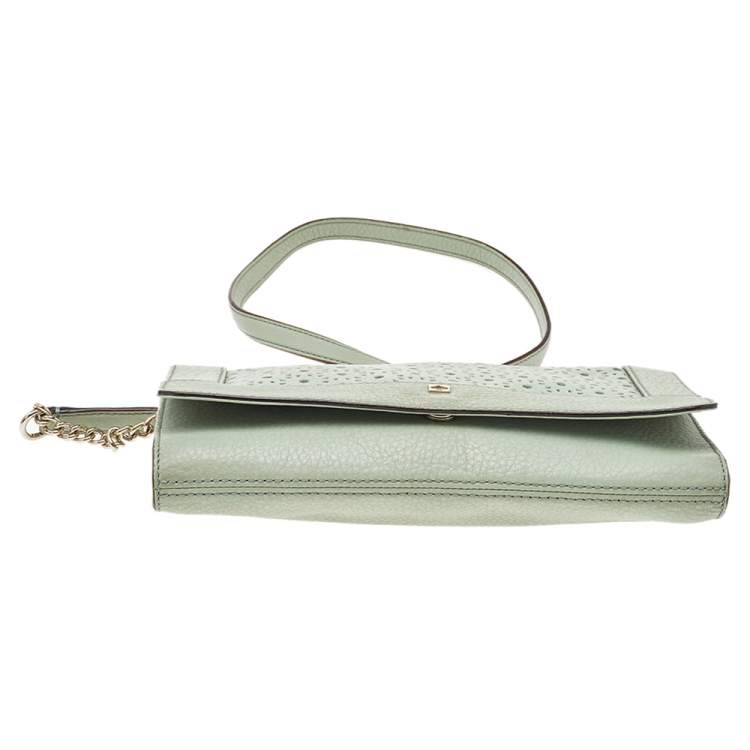Pre Owned Kate Spade Mint Green Leather Perforated Flap Shoulder Bag