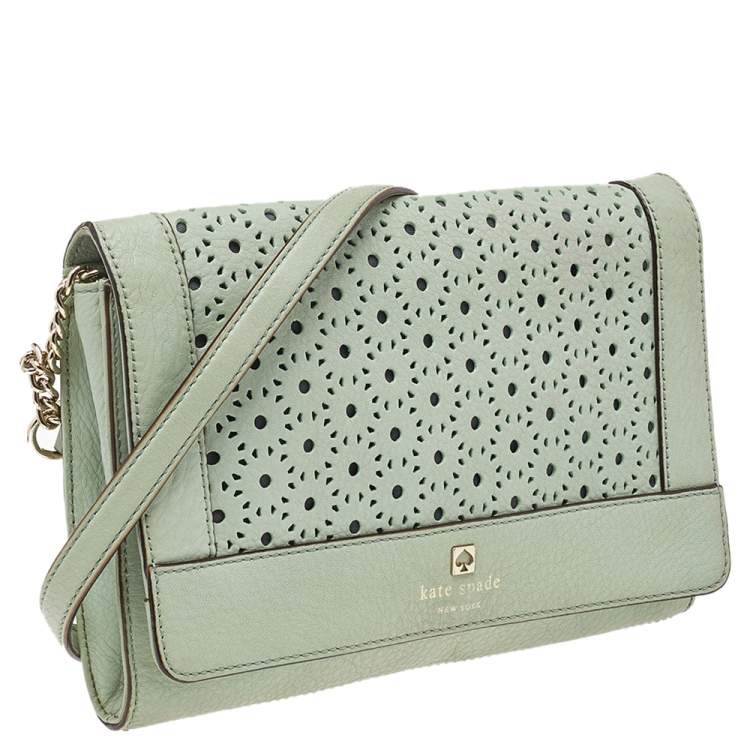 Pre Owned Kate Spade Mint Green Leather Perforated Flap Shoulder Bag