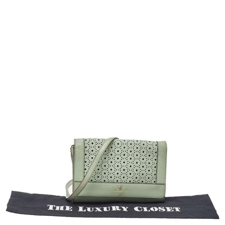 Pre Owned Kate Spade Mint Green Leather Perforated Flap Shoulder Bag