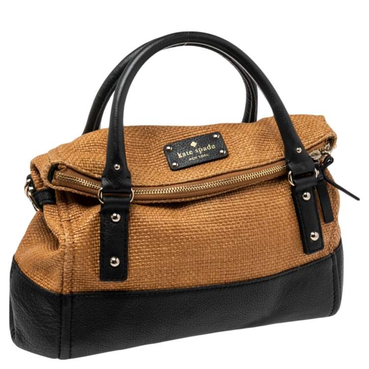 Pre Owned Kate Spade Black/Brown Woven Raffia and Leather Leslie Foldover Satchel 