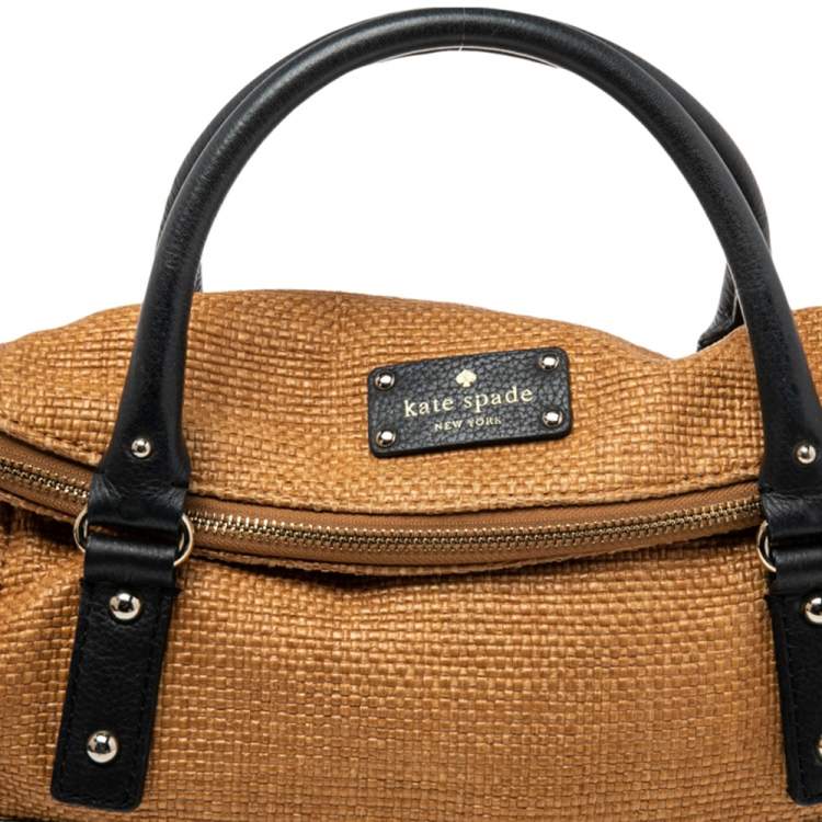 Pre Owned Kate Spade Black/Brown Woven Raffia and Leather Leslie Foldover Satchel 