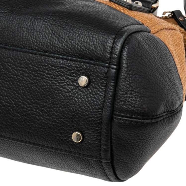 Pre Owned Kate Spade Black/Brown Woven Raffia and Leather Leslie Foldover Satchel 