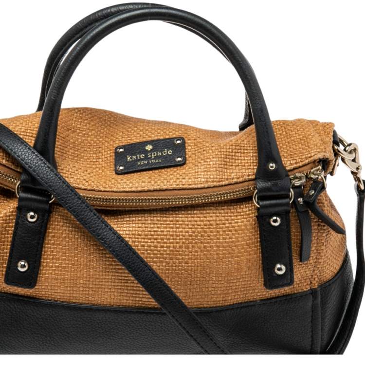 Pre Owned Kate Spade Black/Brown Woven Raffia and Leather Leslie Foldover Satchel 