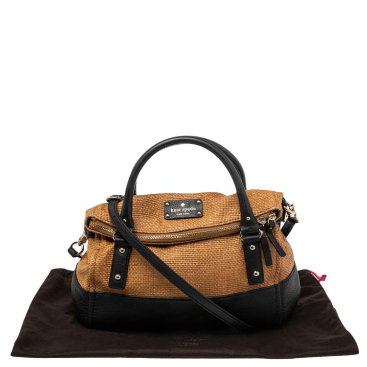 Pre Owned Kate Spade Black/Brown Woven Raffia and Leather Leslie Foldover Satchel 