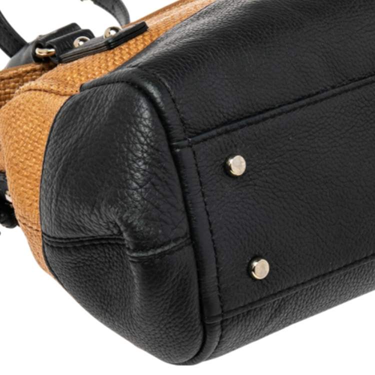 Pre Owned Kate Spade Black/Brown Woven Raffia and Leather Leslie Foldover Satchel 