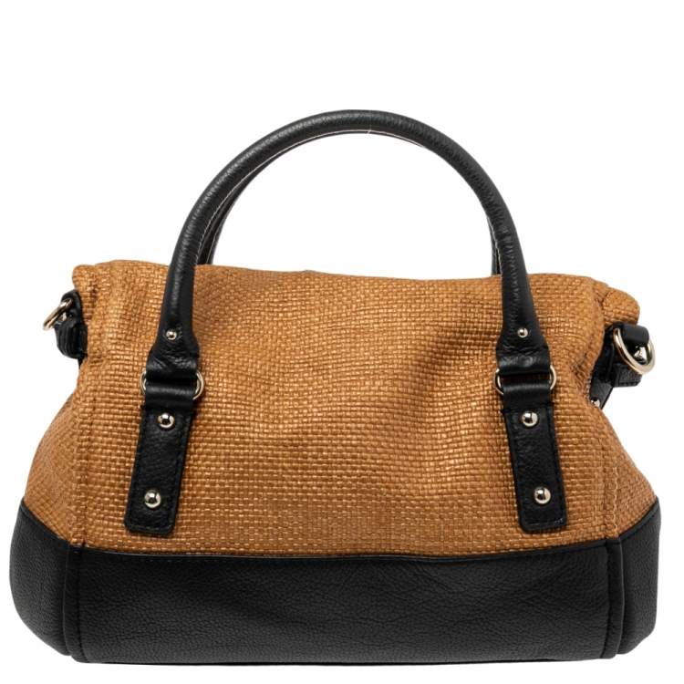 Pre Owned Kate Spade Black/Brown Woven Raffia and Leather Leslie Foldover Satchel 