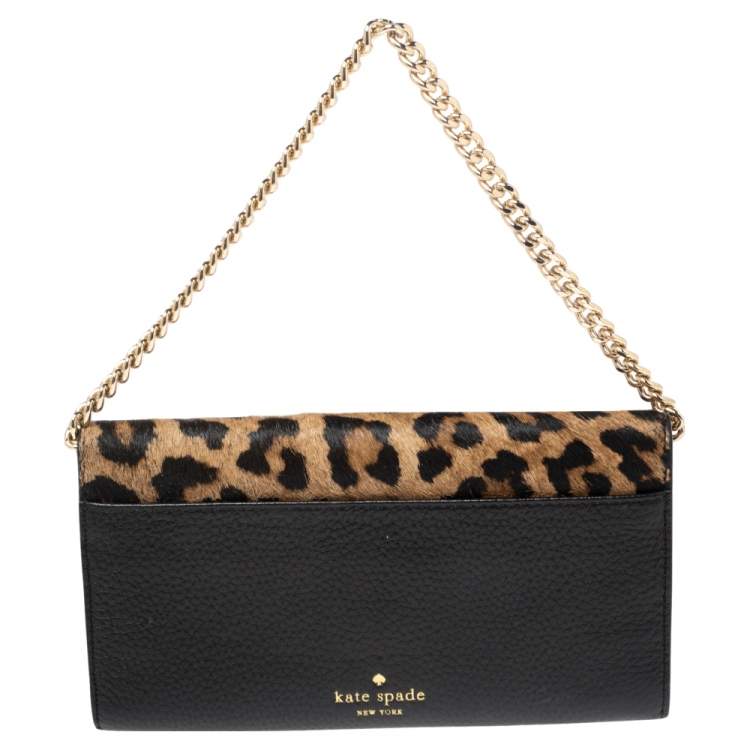 Pre Owned Kate Spade Black/Brown Leopard Print Calfhair and Leather Parchment Milou Chain Clutch
