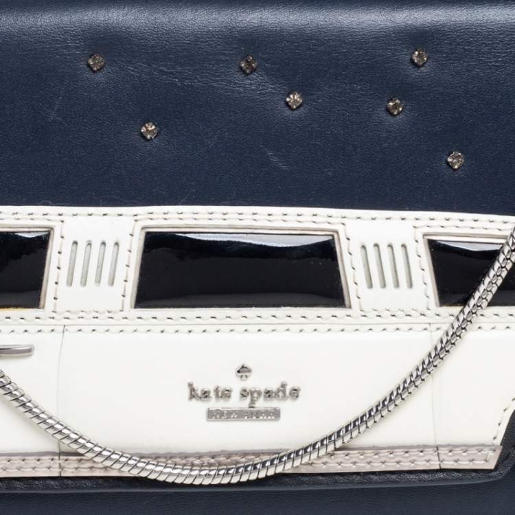 Pre Owned Kate Spade Navy Blue Leather Limousine Patch Chain Clutch