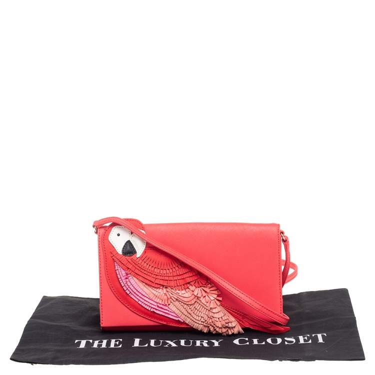 Pre Owned Kate Spade Coral Leather New York Flights of Fancy Parrot Shoulder Bag