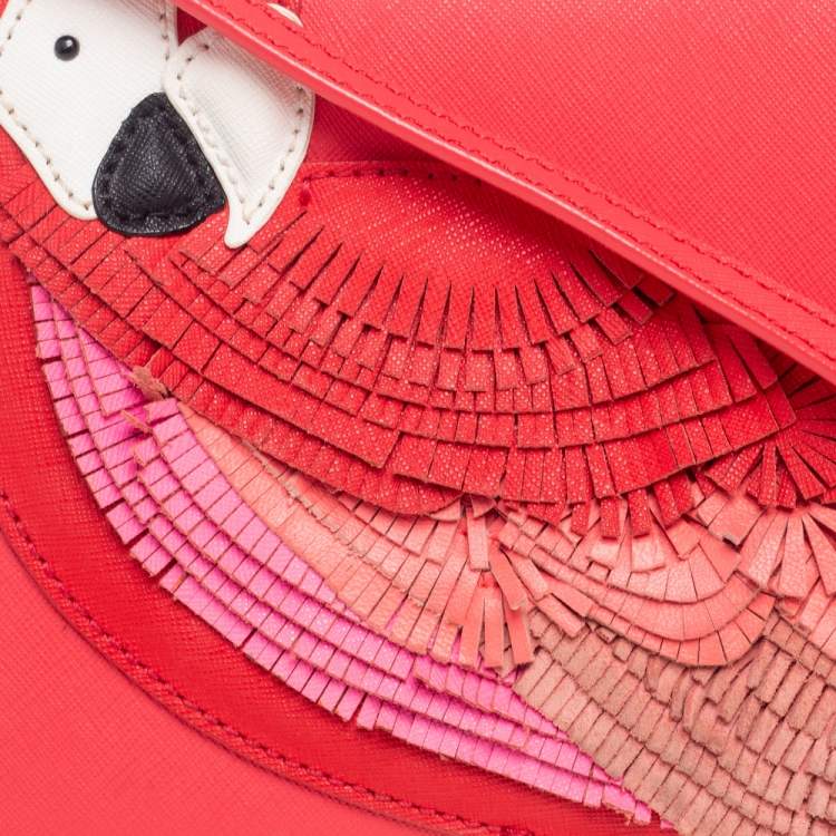 Pre Owned Kate Spade Coral Leather New York Flights of Fancy Parrot Shoulder Bag