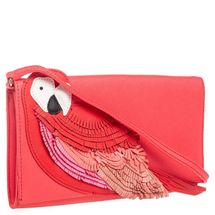 Pre Owned Kate Spade Coral Leather New York Flights of Fancy Parrot Shoulder Bag
