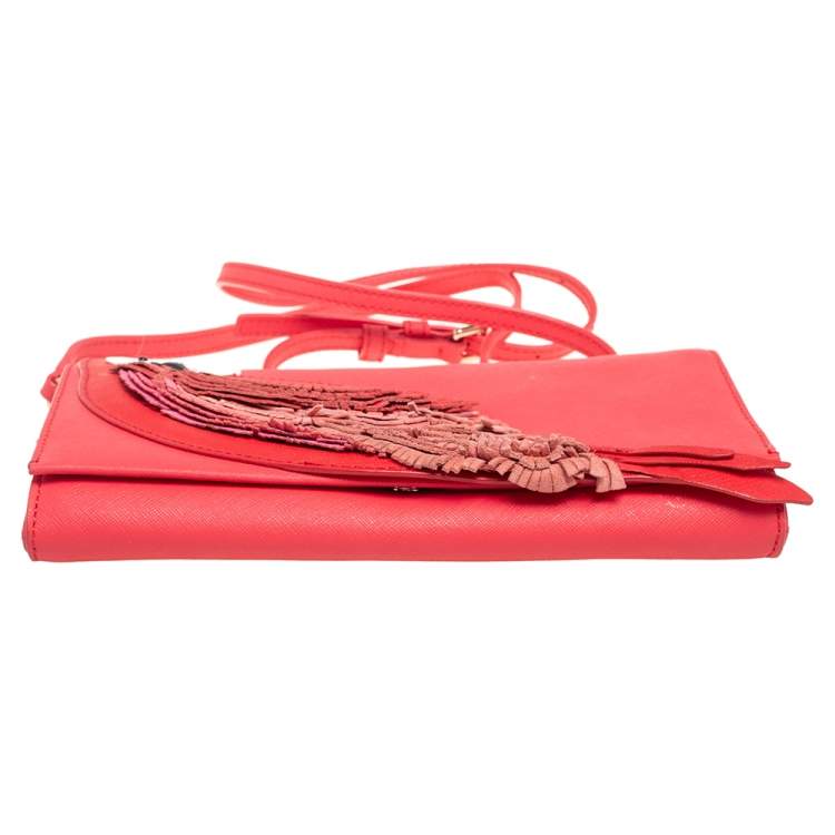 Pre Owned Kate Spade Coral Leather New York Flights of Fancy Parrot Shoulder Bag